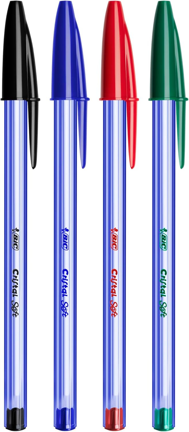 Bic Cristal Soft Ballpoint Pens Medium Tip (1.2 mm) with Easy Glide Ink – Assorted Colours, Box of 10 - Free Shipping Worldwide