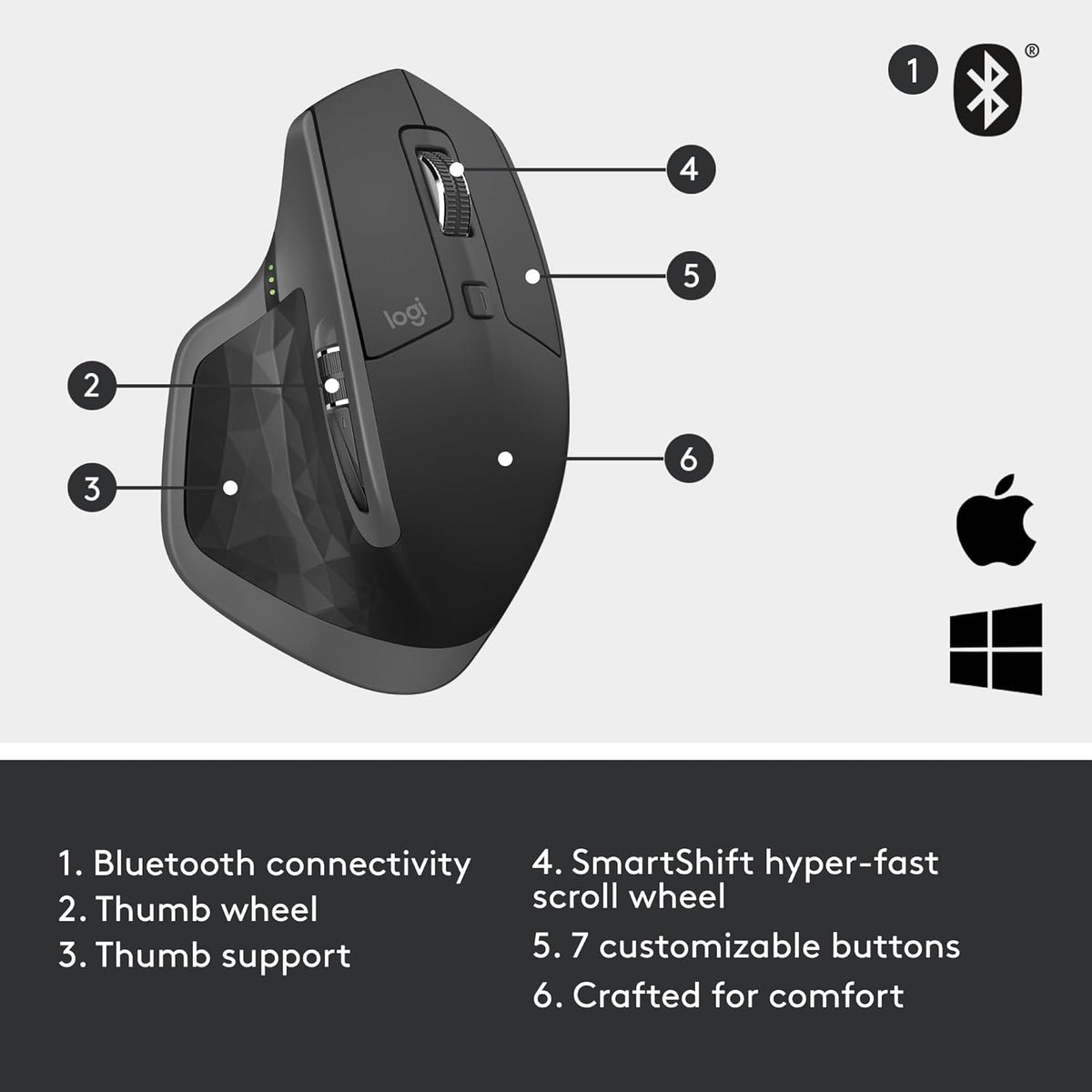 Logitech MX Master 2S Bluetooth Edition Wireless Mouse, Multi-Surface, Hyper-Fast Scrolling, Ergonomic, Rechargeable, Connects Up to 3 Mac/PC Computers - Graphite - Free Shipping Worldwide