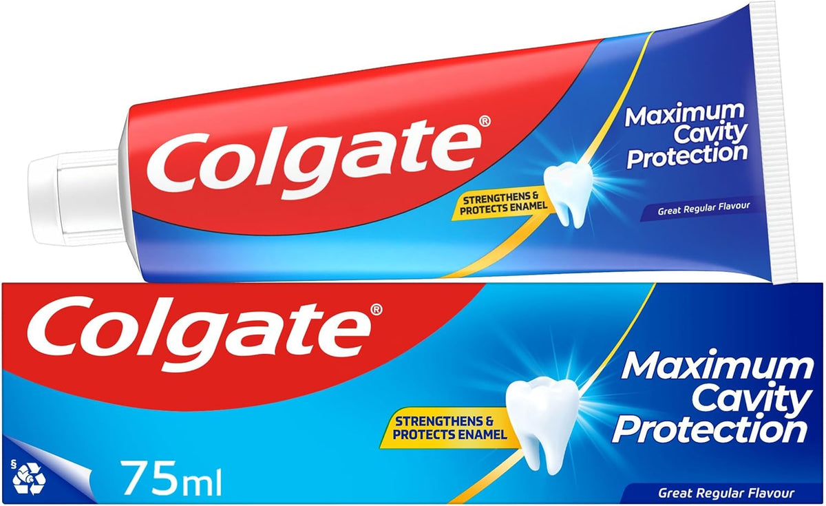 Colgate Maximum Cavity Protection Toothpaste 75ml, with Calcium Boost, Strengthens and Protects Enamel, Protects Against Cavities, Fluoride Toothpaste, Great Regular Flavour - Free Shipping Worldwide