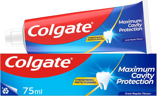 Colgate Maximum Cavity Protection Toothpaste 75ml, with Calcium Boost, Strengthens and Protects Enamel, Protects Against Cavities, Fluoride Toothpaste, Great Regular Flavour - Free Shipping Worldwide
