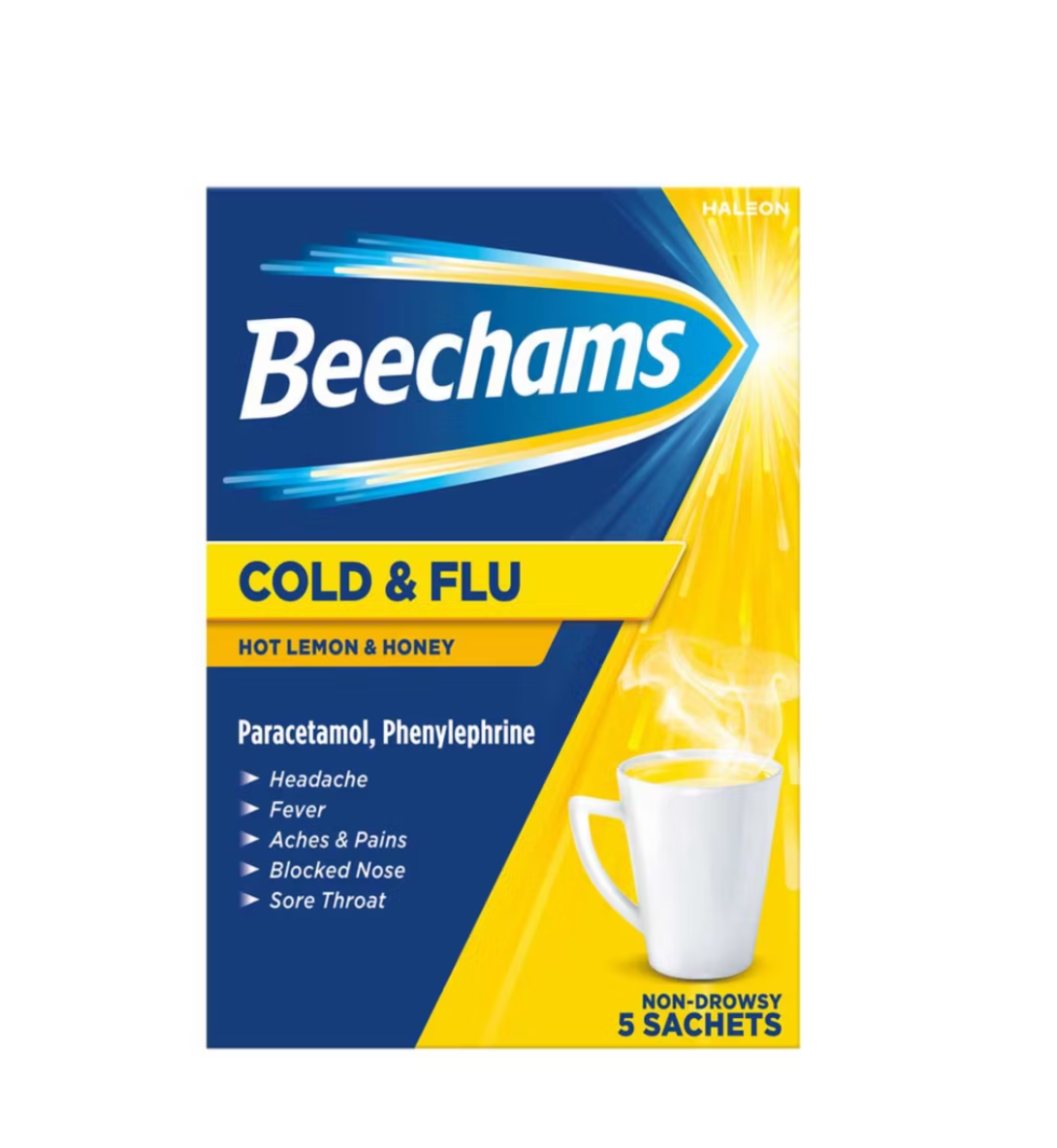 Beechams Cold & Flu Sachets, Pain & Congestion Relief Medicine, Flu Plus Hot Lemon Powder, 10 Count | Free Shipping Worldwide