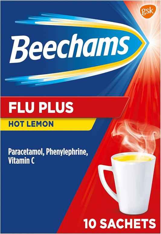 Beechams Cold & Flu Sachets, Pain & Congestion Relief Medicine, Flu Plus Hot Lemon Powder, 10 Count | Free Shipping Worldwide