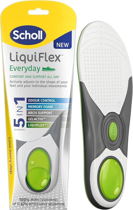Scholl LiquiFlex Extra Support Insoles provide cushioning, arch support, shock absorption, and odor control for comfortable everyday wear, especially for men with high arches - Free Shipping Worldwide