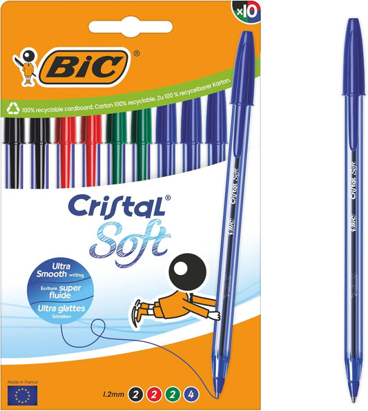 Bic Cristal Soft Ballpoint Pens Medium Tip (1.2 mm) with Easy Glide Ink – Assorted Colours, Box of 10 - Free Shipping Worldwide