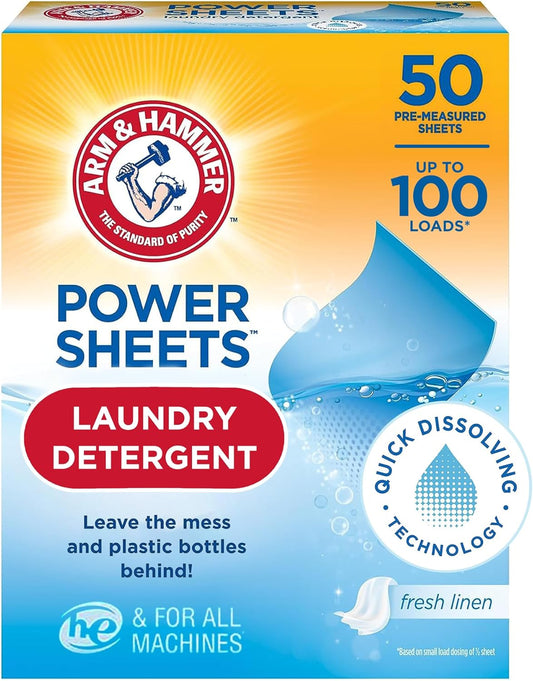 Arm and Hammer Power Sheets Laundry Detergent, Fresh Linen Laundry Sheets 50ct, up to 100 Small Loads, Ultraconcentrated Washing Detergent for deep clean, Laundry Detergent Sheets for Washing Machine | Free Shipping Worldwide