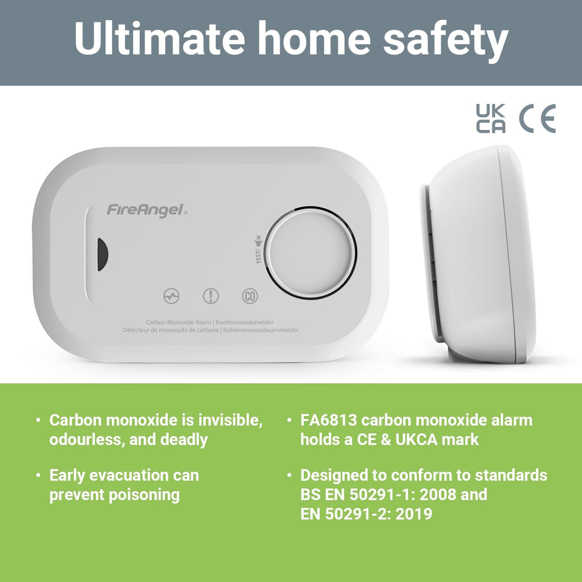 FireAngel Carbon Monoxide Alarm and Detector - FA6813 10-Year Sensor Life CO Alarm for Home with AA Batteries - Travel, Portable Carbon Monoxide Detector - CO Detector Monitor with Test Button, Single - Free Shipping Worldwide