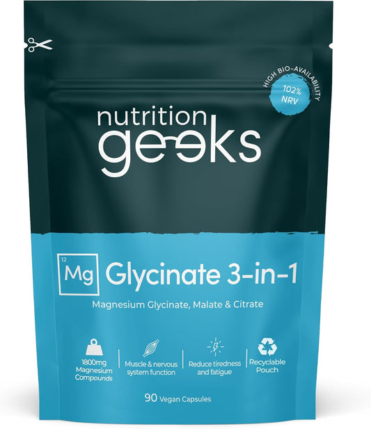 Magnesium Glycinate 3-in-1 Complex - 1800mg Supplements as Bisglycinate, Citrate & Malate 90 Vegan Capsules, Triple High Absorption 384mg Elemental, UK Made - Free Postage Worldwide!