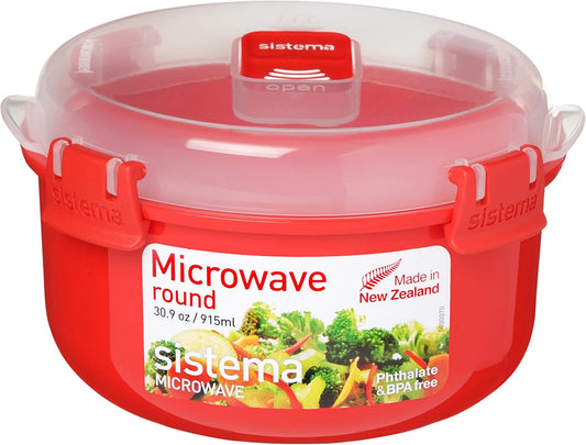 Sistema Microwave Round Bowl | 915 ml Food Container with Steam Release Vent | BPA-Free | Red/Clear - Free Postage Worldwide!