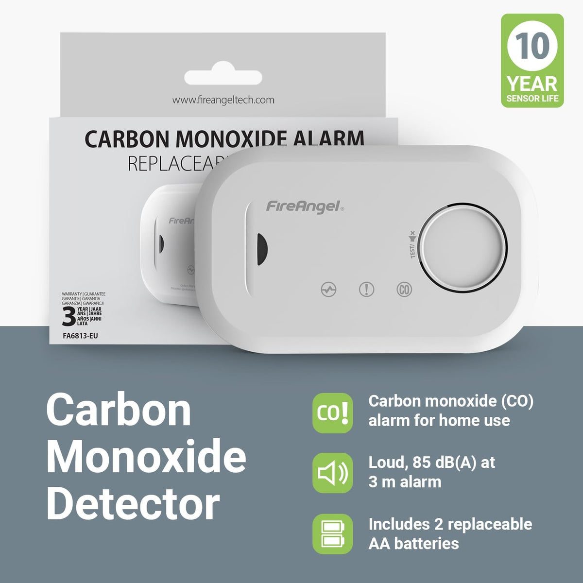 FireAngel Carbon Monoxide Alarm and Detector - FA6813 10-Year Sensor Life CO Alarm for Home with AA Batteries - Travel, Portable Carbon Monoxide Detector - CO Detector Monitor with Test Button, Single - Free Shipping Worldwide