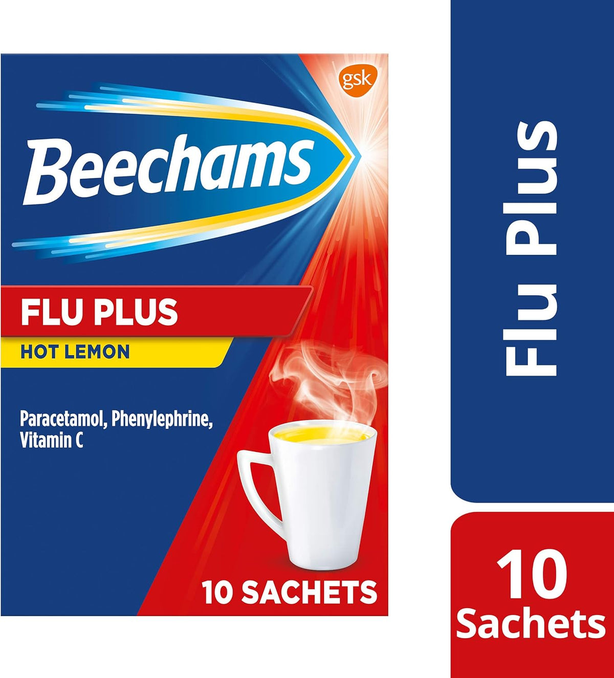 Beechams Cold & Flu Sachets, Pain & Congestion Relief Medicine, Flu Plus Hot Lemon Powder, 10 Count | Free Shipping Worldwide
