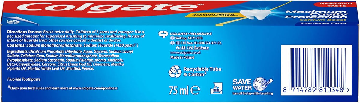 Colgate Maximum Cavity Protection Toothpaste 75ml, with Calcium Boost, Strengthens and Protects Enamel, Protects Against Cavities, Fluoride Toothpaste, Great Regular Flavour - Free Shipping Worldwide