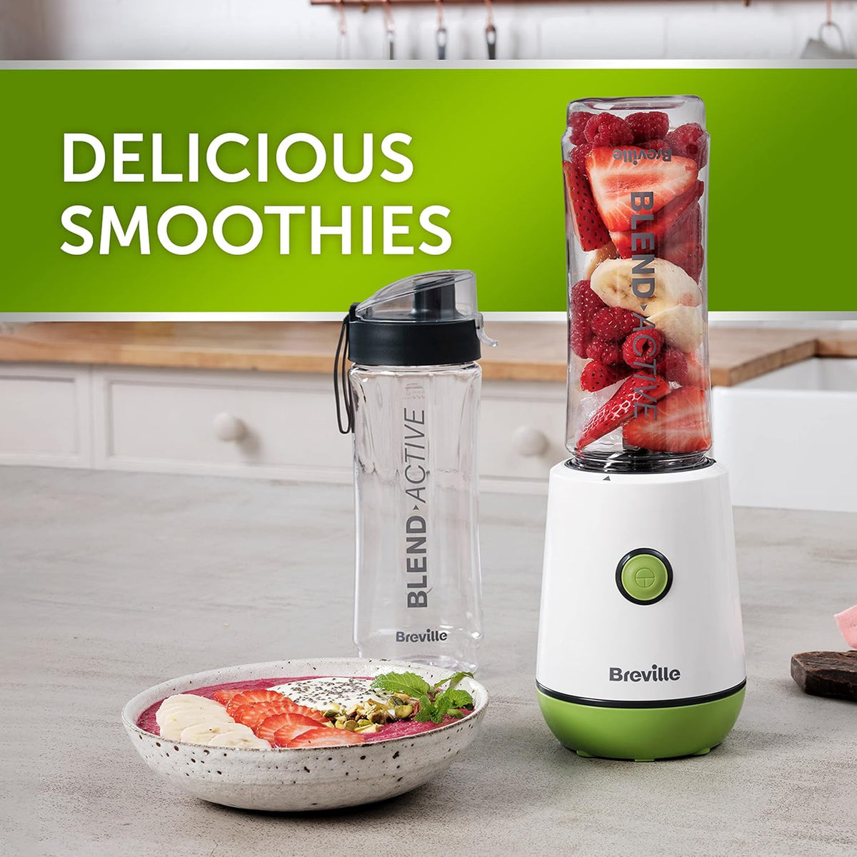 Breville Blend Active Personal Blender & Smoothie Maker | 350W | 2 Portable Blend Active Bottles (600ml) | Leak Proof Lids | White & Green - Free Shipping Worldwide