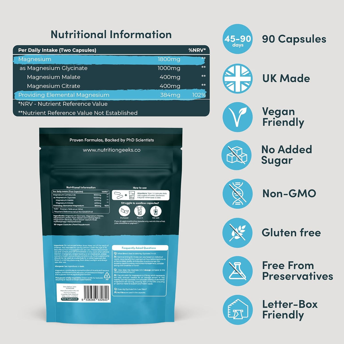 Magnesium Glycinate 3-in-1 Complex - 1800mg Supplements as Bisglycinate, Citrate & Malate 90 Vegan Capsules, Triple High Absorption 384mg Elemental, UK Made - Free Postage Worldwide!