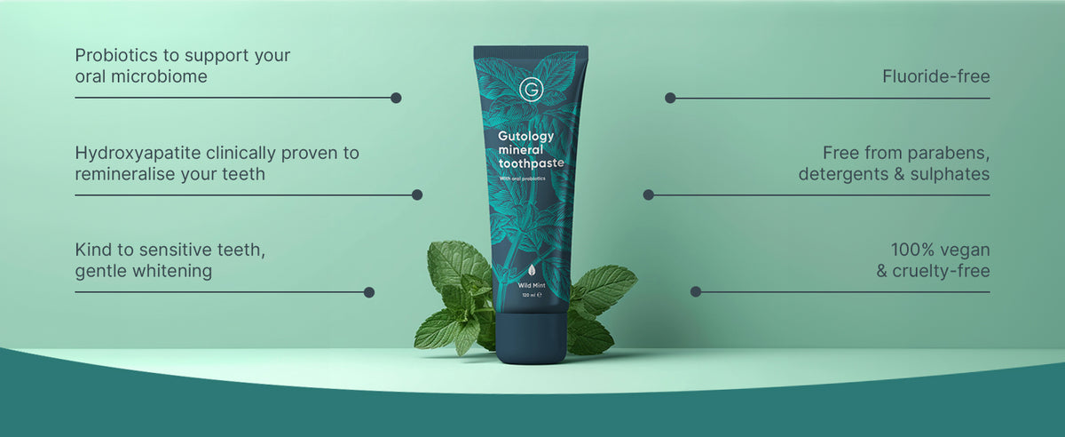 Gutology Natural Probiotic Hydroxyapatite Toothpaste 120ml Fluoride Free Toothpaste Remineralising Enamel Repair Suitable for Adults & Children Helps Sensitive Teeth Whitening - Wild Mint Flavour - Free Shipping Worldwide