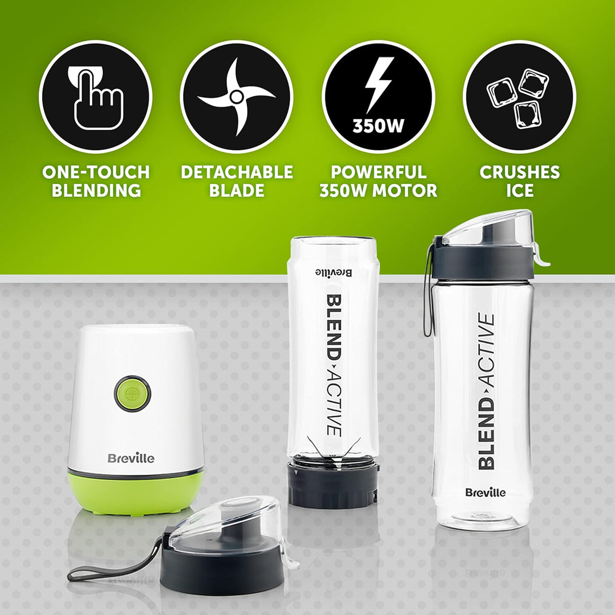 Breville Blend Active Personal Blender & Smoothie Maker | 350W | 2 Portable Blend Active Bottles (600ml) | Leak Proof Lids | White & Green - Free Shipping Worldwide