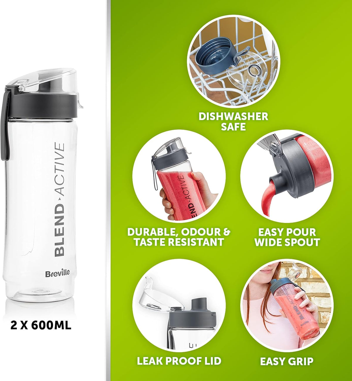 Breville Blend Active Personal Blender & Smoothie Maker | 350W | 2 Portable Blend Active Bottles (600ml) | Leak Proof Lids | White & Green - Free Shipping Worldwide