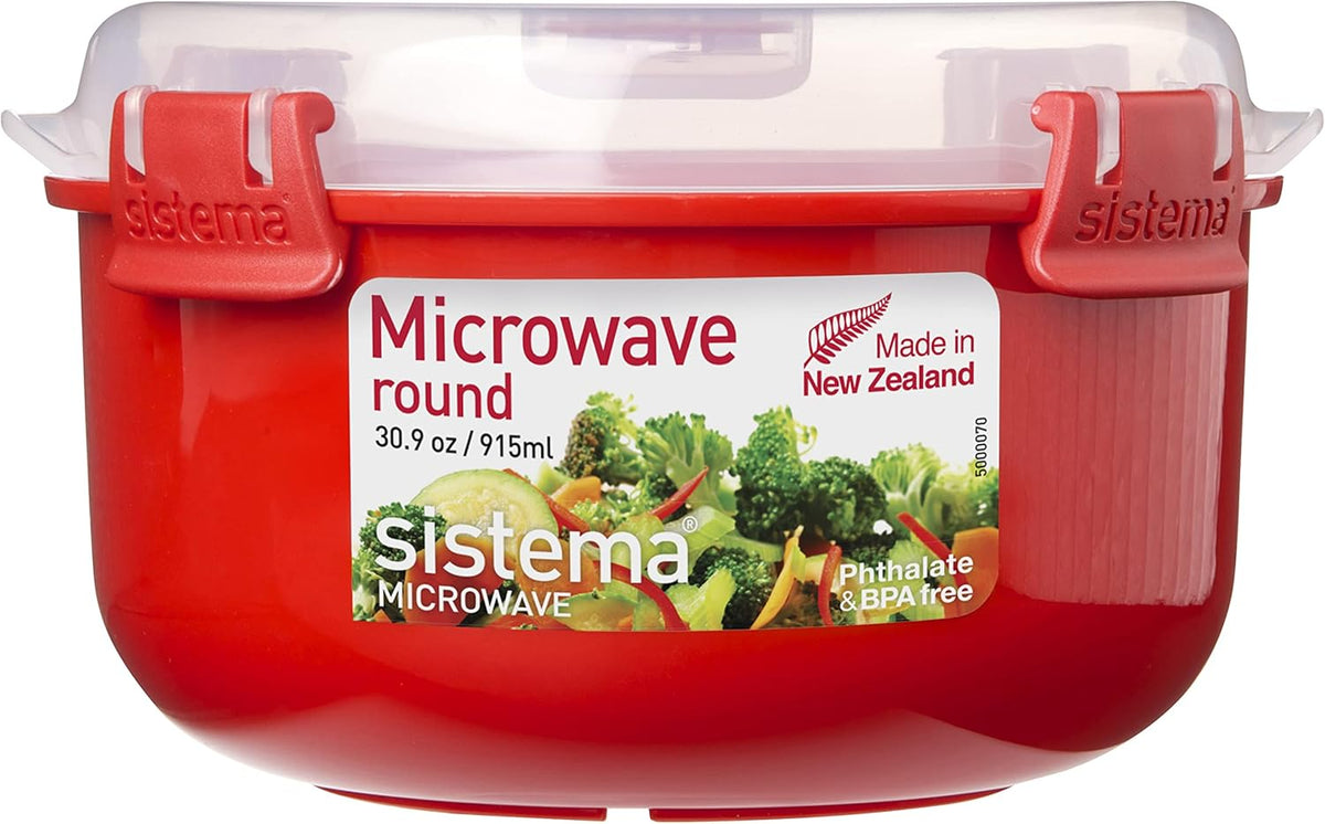 Sistema Microwave Round Bowl | 915 ml Food Container with Steam Release Vent | BPA-Free | Red/Clear - Free Postage Worldwide!