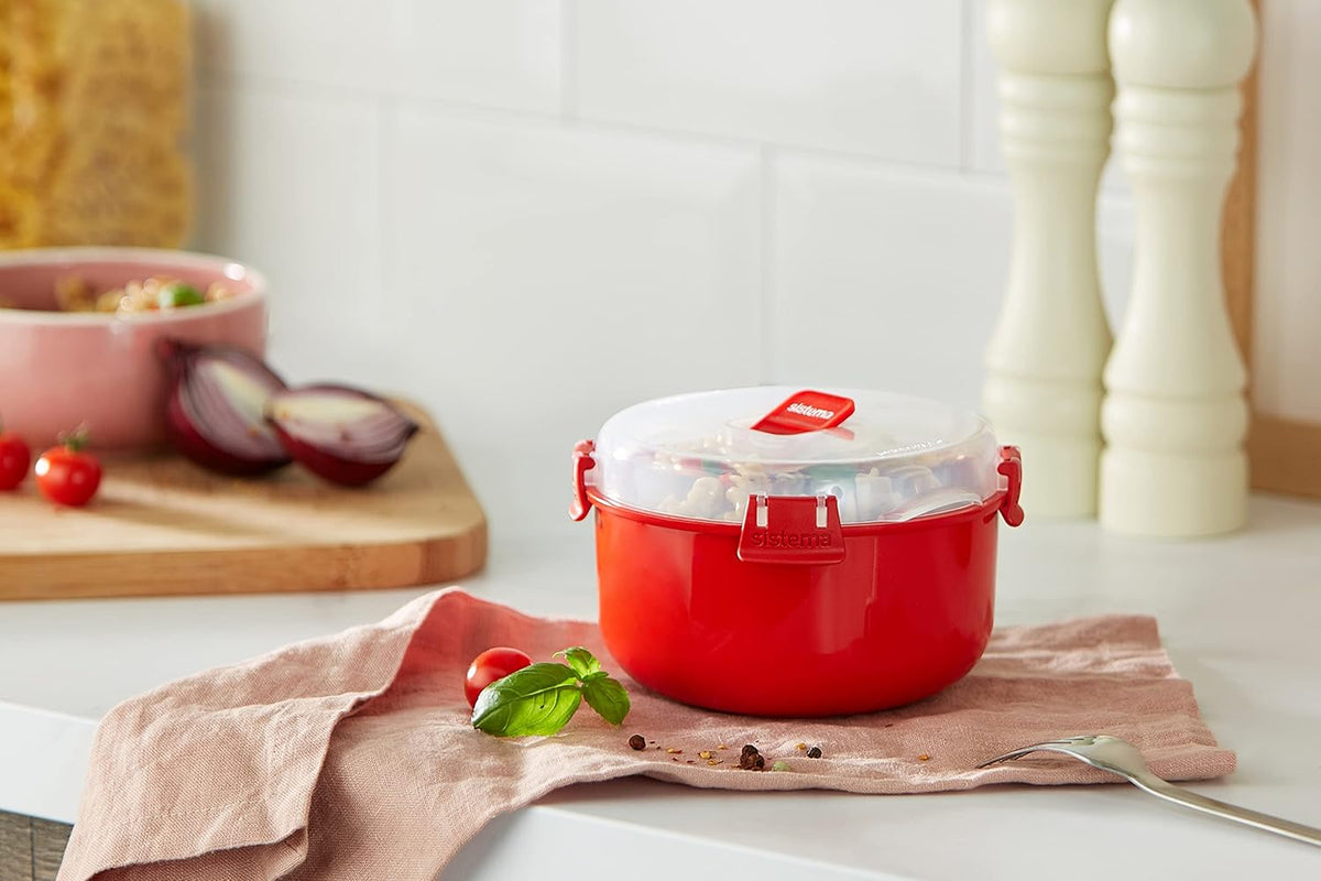 Sistema Microwave Round Bowl | 915 ml Food Container with Steam Release Vent | BPA-Free | Red/Clear - Free Postage Worldwide!