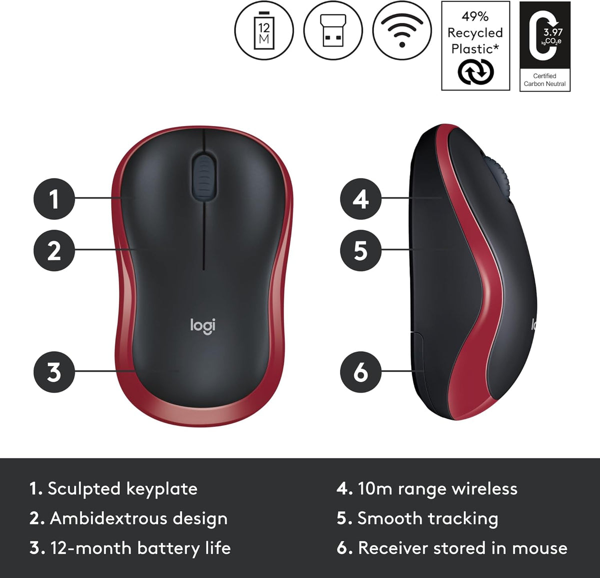 Logitech M185 Wireless Mouse, 2.4GHz with USB Mini Receiver, 12-Month Battery Life, 1000 DPI Optical Tracking, Ambidextrous, Compatible with PC, Mac, Laptop - Red - Free Shipping Worldwide